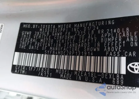 2024 Toyota Corolla Le z USA, uszkodzony, nr VIN 5YFB4MDE2RP131914